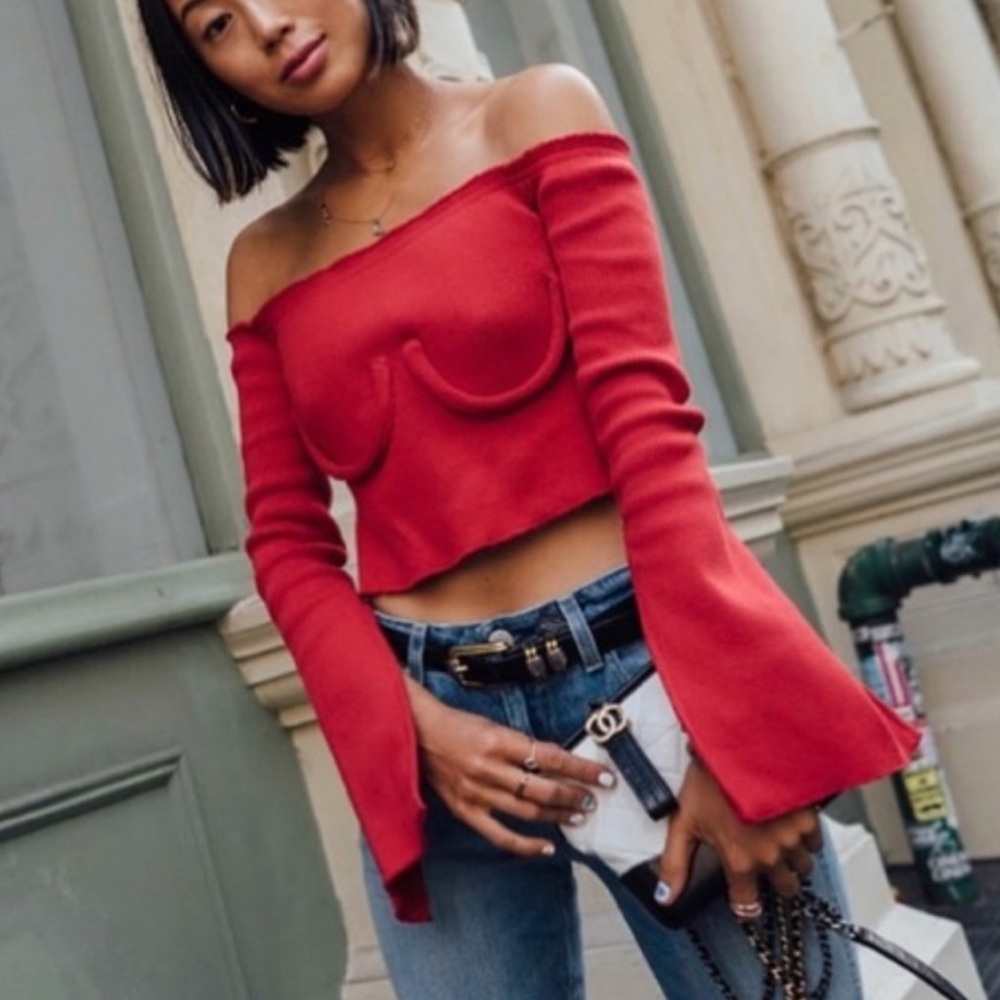 Orseund Iris Red Off-Shoulder Long Sleeve Top